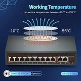 Conmutador PoE de 9 Puertos, Incluye 9 Puertos PoE y 2 Enlaces Upstream, PoE 100Mbps, IEEE802.3af/at, Fuente de Alimentación Interna de 120W, Función VLAN, Extensión de 250 Metros, Plug and Play, Metal sin Ventilador