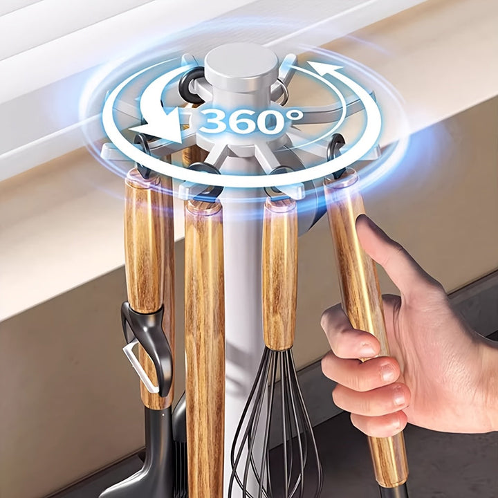 Un estante de almacenamiento de cocina sin necesidad de taladrar, con un gancho y barra giratorios para organizar utensilios como espátulas y cucharas, perfecto para escurrir.