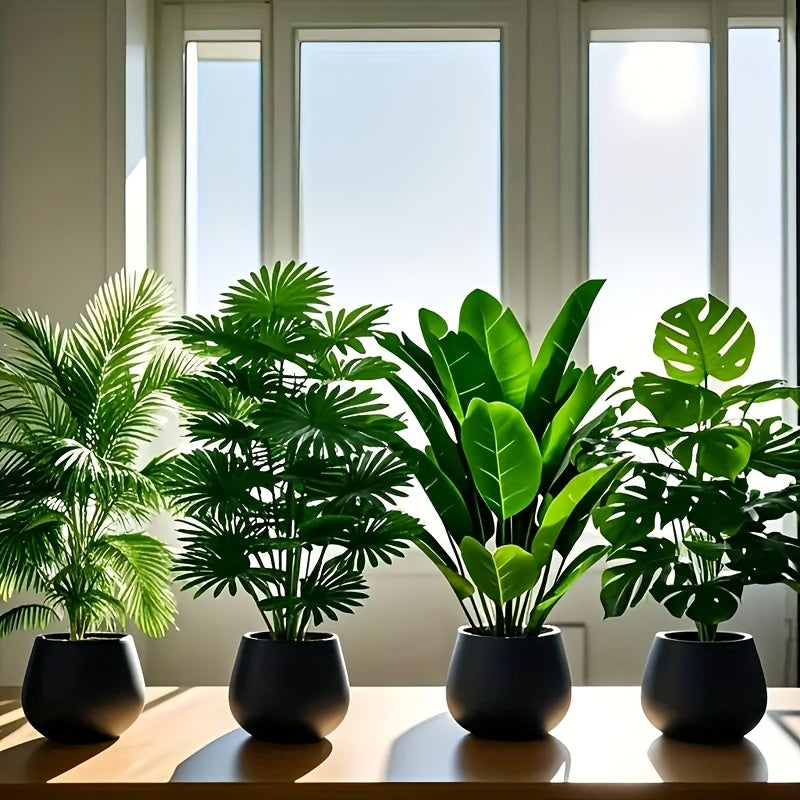 Juego de 4 piezas, incluye combinación de plantas artificiales de hojas grandes. Ideal para exteriores—árbol decorativo tropical de hoja ancha, macetas para interior y exterior todo el año, bodas, hoteles, jardines, patios estilo nórdico, árboles falsos
