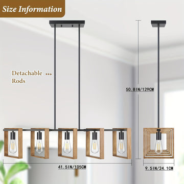 Lámpara de cocina rústica de 105.41 cm - Candil de comedor ajustable con 5 luces, acabado en madera rústica y metal negro mate, montaje semiempotrado con base E26 (focos no incluidos) para cocina, mesa de billar, comedor, iluminación de cocina | Encanto