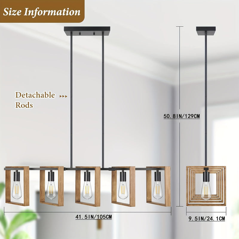 Lámpara de cocina rústica de 105.41 cm - Candil de comedor ajustable con 5 luces, acabado en madera rústica y metal negro mate, montaje semiempotrado con base E26 (focos no incluidos) para cocina, mesa de billar, comedor, iluminación de cocina | Encanto