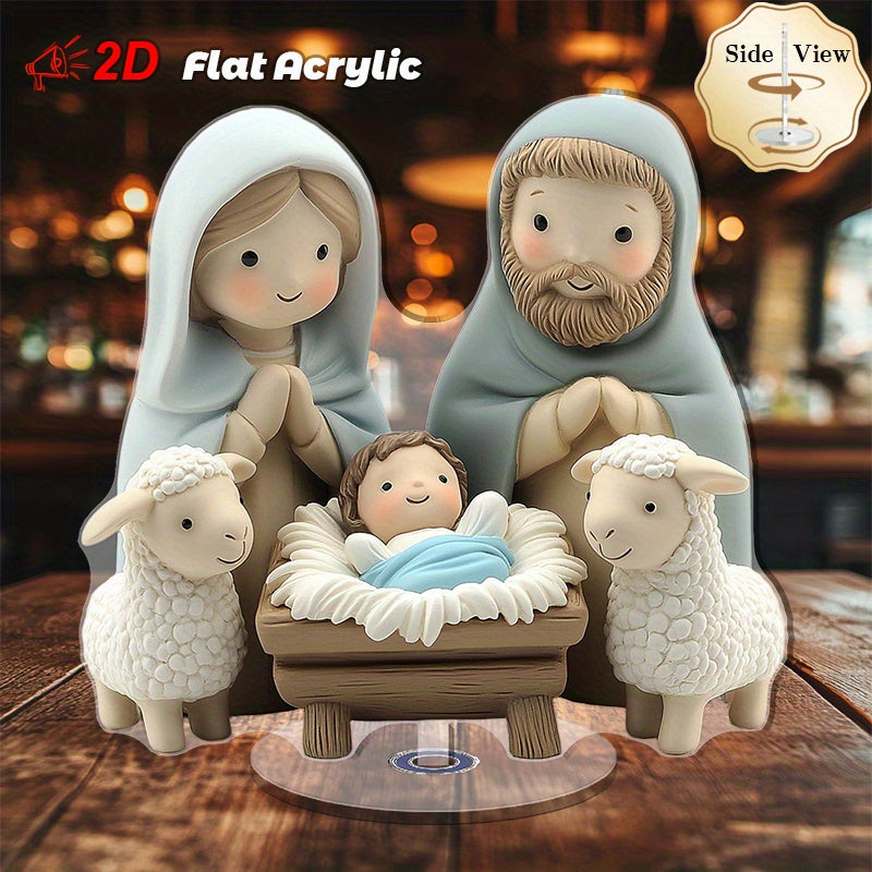 Decoración navideña de mesa 2D acrílica plana con diseño sereno de María, José y el niño Jesús junto a ovejas - ideal para decoraciones familiares en interiores y exteriores, regalos festivos perfectos para Navidad