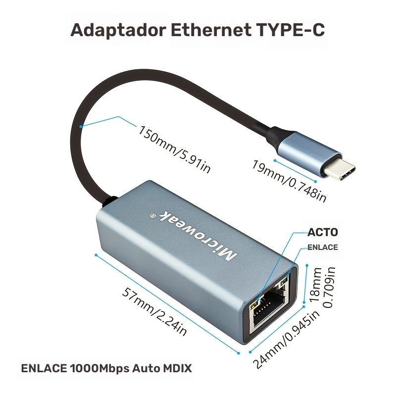 Adaptador de Ethernet USB-C Microweak 1000Mbps con puerto RJ45, compatible con MacBook Pro, iPad Pro, Dell XPS y más