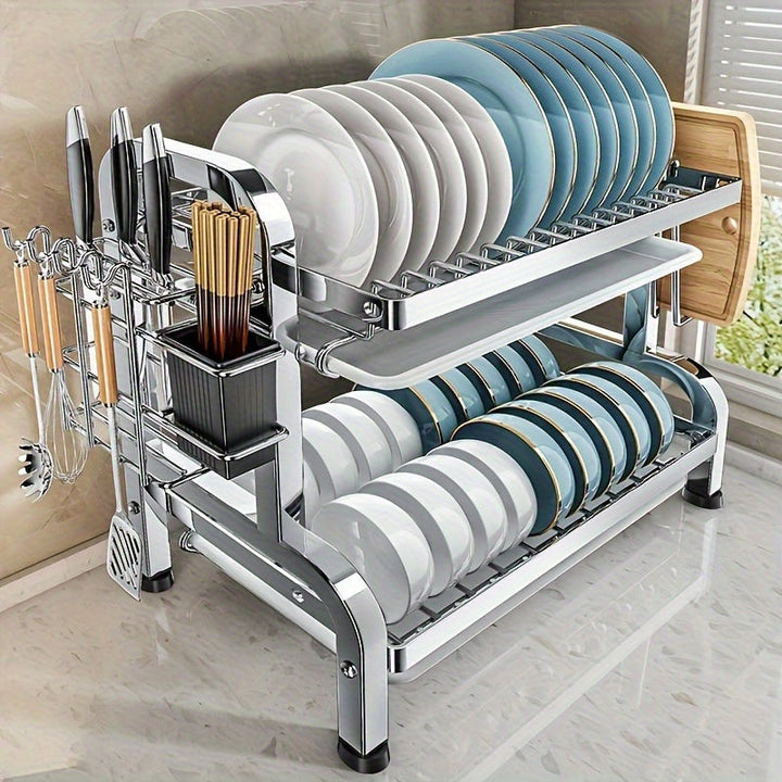 Estante de platos de cocina de acero inoxidable con bandeja de drenaje - Organizador multifuncional para encimeras para platos, tazas y utensilios - Solución de almacenamiento de cocina para el hogar que ahorra espacio