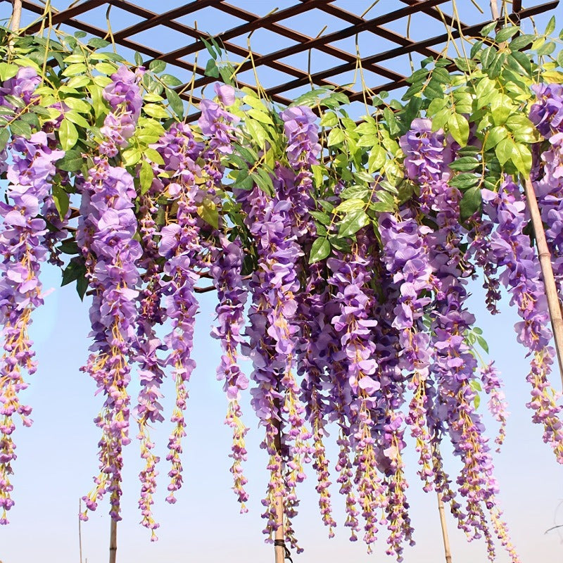 18 piezas de enredaderas artificiales de glicina, 109.98 cm de largo, flores colgantes de plástico moradas y verdes para decoración de jardín, bodas y fiestas, resistentes a la intemperie, sin necesidad de mantenimiento, decoración para eventos