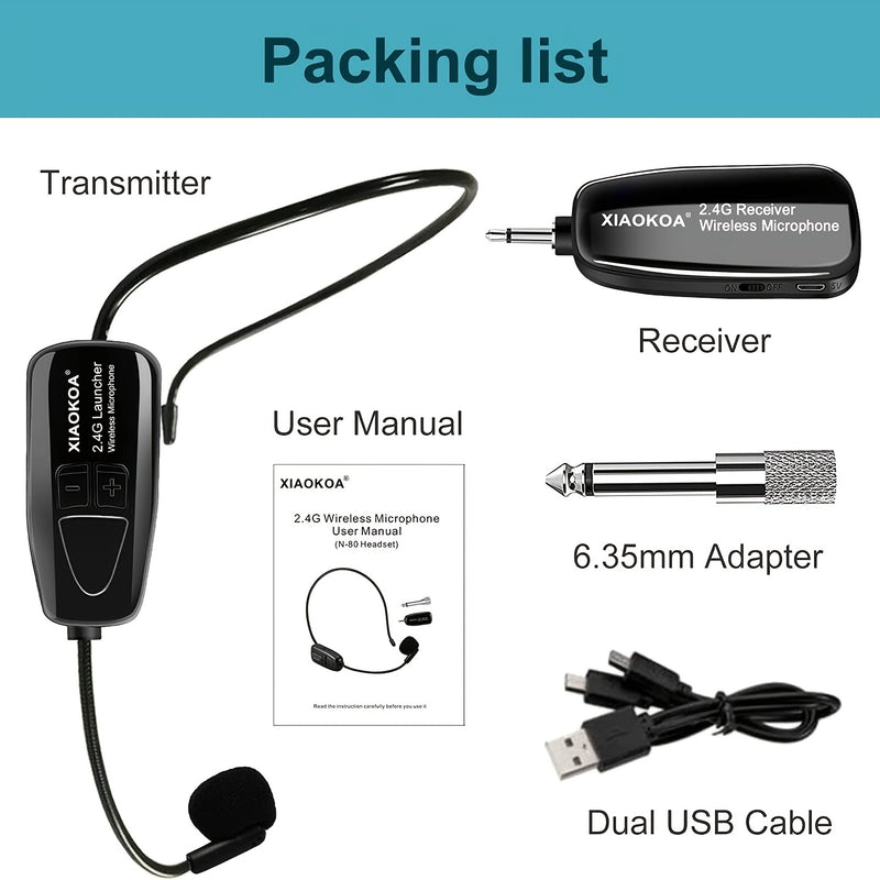 ProAudio Auricular de Micrófono Inalámbrico - Receptor y Transmisor de Doble Modo 2.4G, Micrófono Recargable 2 en 1 de Mano y Auricular para Amplificador de Voz, Bocina de Escenario, Oratoria Pública, Enseñanza, Karaoke y Eventos al Aire Libre - Compacto