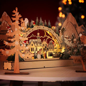 1pc Adornos De Luces LED De Navidad De Madera, Escena De Casa De Pueblo De Madera De Navidad Adorno De Bricolaje Iluminado Con LED, Mesa Rústica De Navidad Decoración De Navidad Centro De Mesa