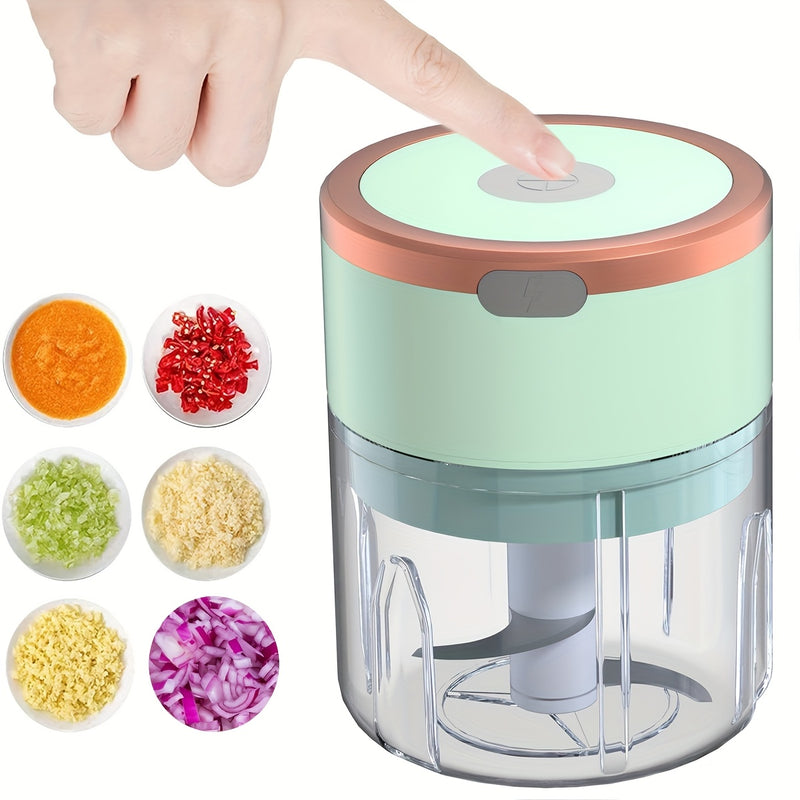 FLZH Procesador de Alimentos Eléctrico Mini Compacto de 8.45oz y Picadora de Carne con 3 Cuchillas de Acero Inoxidable, Recargable por USB, 1200 RPM - Diseño Verde Claro y Naranja, Ideal para Verduras, Frutas y Carnes, FLZH