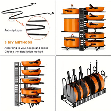 Estante de organización de cocina de 8 niveles ajustable - Hierro resistente a la herrumbre, almacenamiento bajo el gabinete que ahorra espacio para ollas y sartenes, estantes de ollas para cocina