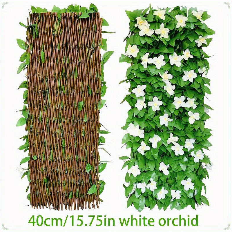Juego de Pantalla Decorativa para Patio Cuatro Estaciones - Incluye 20 Ataduras para Fijación Segura, Expandible y Sin Mantenimiento | Hiedra Artificial Anti-Moho e Insectos + Orquídea Falsa en PVC Resistente a los Rayos UV | 40cm*200cm | Ideal para Pati