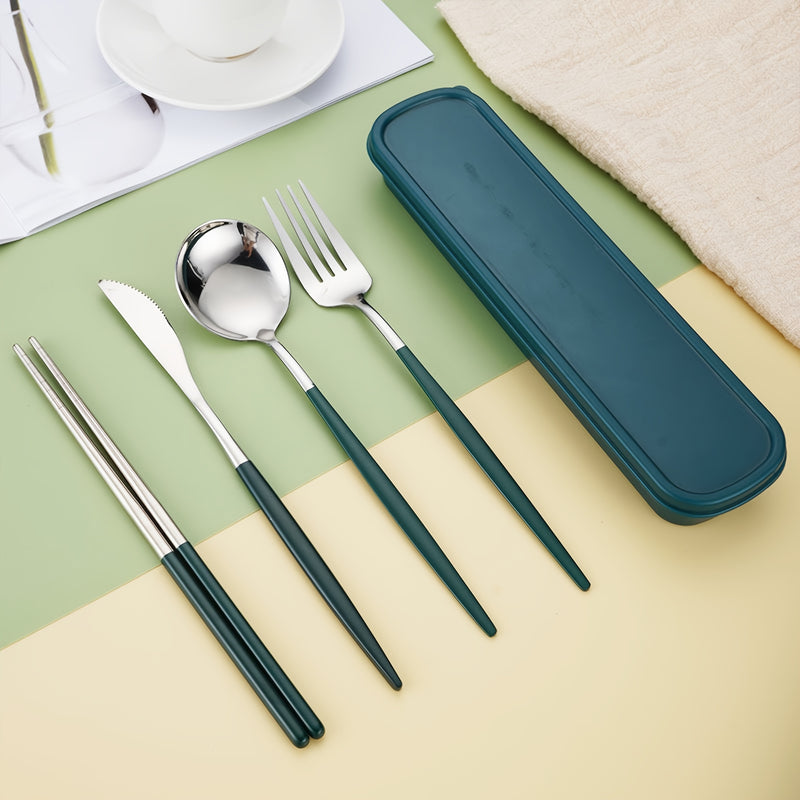 Juego de Cubiertos de Acero Inoxidable de 4 Piezas con Mangos Elegantes en Verde Uva - Incluye Cuchillo, Tenedor, Cuchara y Palillos - Perfecto para Picnics al Aire Libre, Camping y Uso Diario - Viene en un Elegante Estuche Portátil