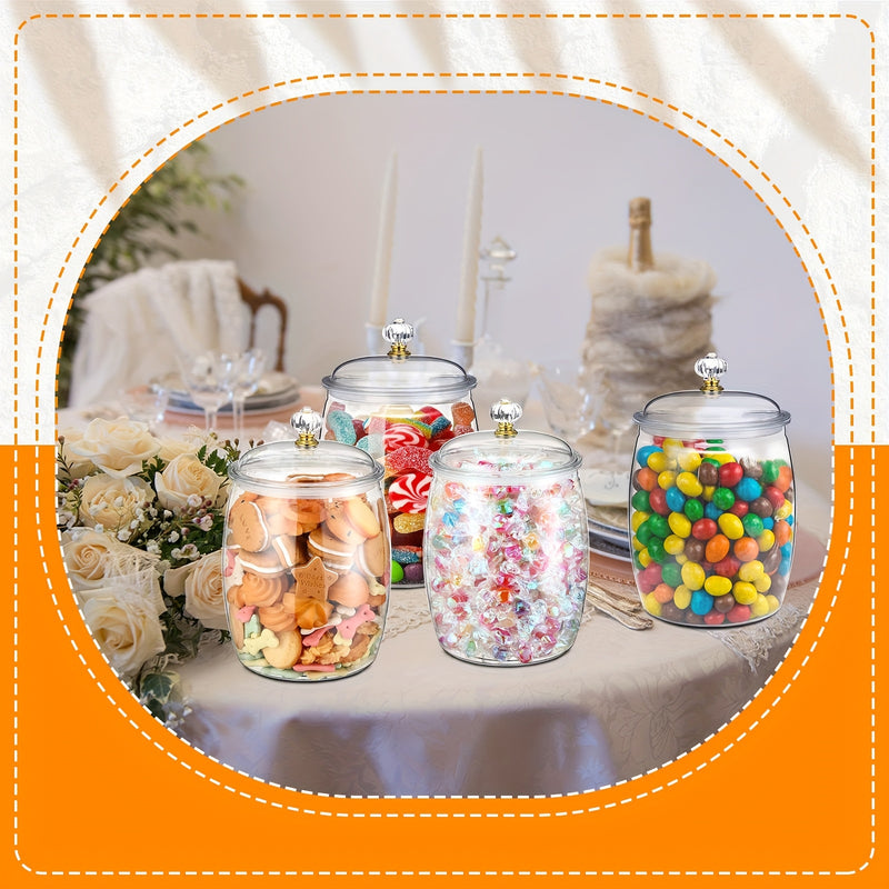 Juego de 4 Tarros para Dulces y Galletas con Tapas, Tarro Plástico Decorativo para Medicinas, Contenedor Auto-Servicio para Dulces, Tarro Sellado Transparente para Almacenamiento de Alimentos, Decoración del Hogar