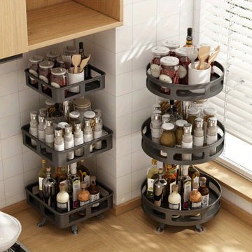 Estante de especias giratorio de 3 capas - Organizador de cocina de metal para especias, hierbas y condimentos, diseño que ahorra espacio con estantes de almacenamiento escalonados, ideal para cocinas, baños y salas de estar, solución de almacenamiento d