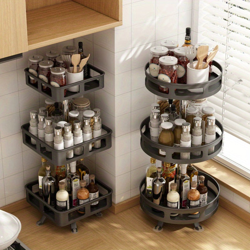 Estante de especias giratorio de 3 capas - Organizador de cocina de metal para especias, hierbas y condimentos, diseño que ahorra espacio con estantes de almacenamiento escalonados, ideal para cocinas, baños y salas de estar, solución de almacenamiento d