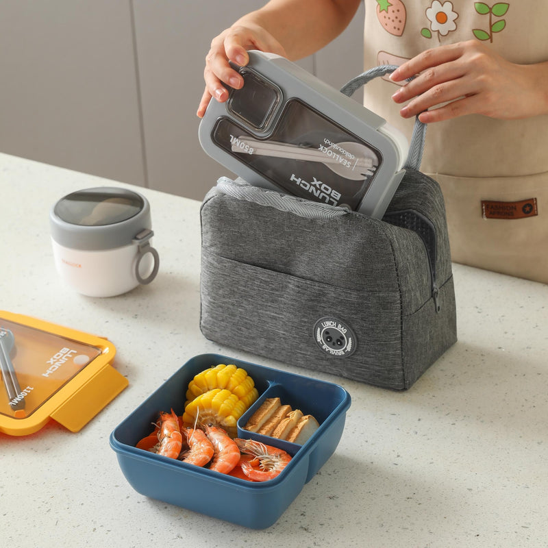 Juego de 3 Piezas de Lonchera con Tapa Antifugas y Bolsa Aislante, Contenedor Grande para Alimentos Portátil para Escuela, Oficina, Camping, Picnic o Cocina, Incluye Palillos y Cuchara, Ideal para Regalo