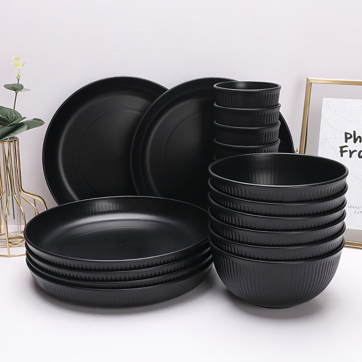 1 Juego de alta calidad de platos, tazas y vasos de paja negra - Incluye platos, tazones y tazas con diseño elegante de costuras - Perfecto para cumpleaños, fiestas y uso diario - Material de polipropileno seguro para alimentos, juego de platos diarios |