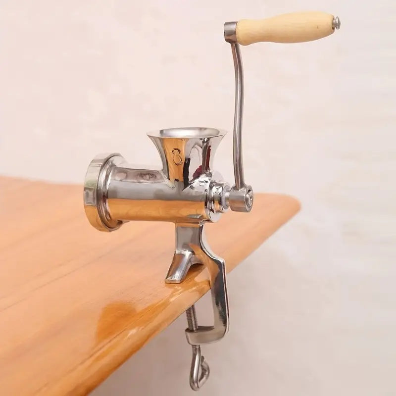 Molino de carne manual de acero inoxidable - Herramienta de cocina con manivela para picar carne y verduras, procesador de alimentos multifuncional no eléctrico con mango ergonómico, diseño duradero para cocina en casa, molino de verduras, acabado metáli