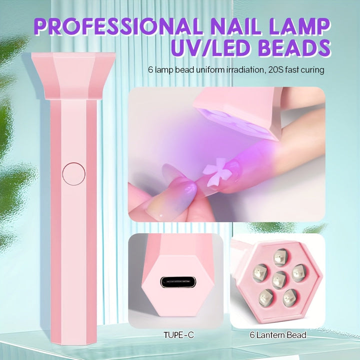 Lámpara de curado de esmalte de uñas portátil de mano con 6 LED, mini secador de uñas sin formaldehído, carga USB, batería de litio recargable, capacidad de batería de 200mAh