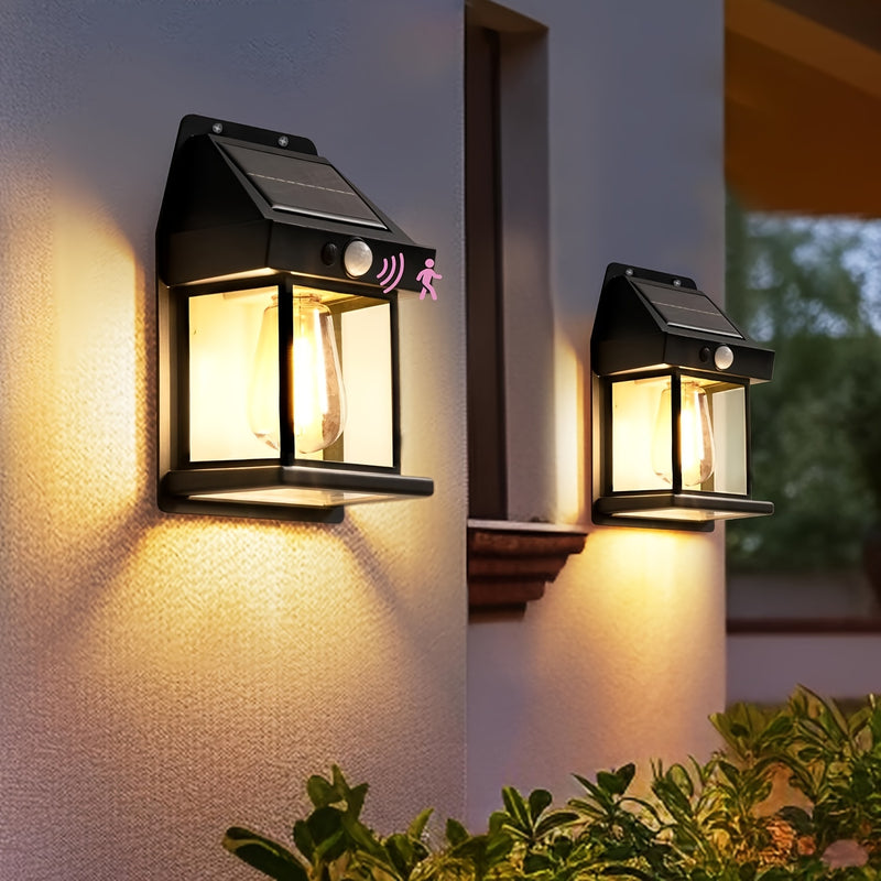 1 pieza de luz para pared exterior, 2 tamaños disponibles, luz solar para patio, luz de pared con sensor de movimiento, tres modos de iluminación, material ABS, luz para exteriores sin necesidad de cableado, adecuada para porche, patio y jardinería