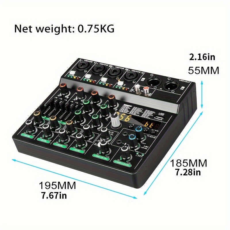 tyinneran Mezclador de audio inalámbrico profesional de 6 canales USB, reverberación de 256 ohmios, alimentación fantasma de 48V, bajo profundo, sonido de alta fidelidad, con control de tempo integrado y control de reproducción para grabación de estudio