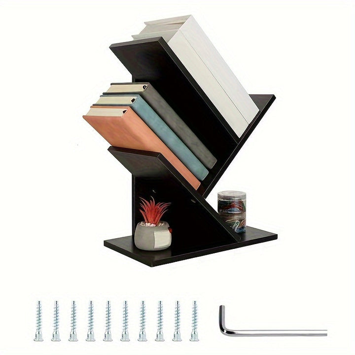 Estantería de Escritorio de Madera con Forma de Árbol y Múltiples Niveles - Negra, Organizador de Almacenamiento de Madera Maciza para Oficina