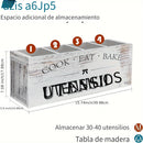 Porta utensilios de cocina de madera extra grande - Organizador de 4 compartimentos de decoración de granja rústica para encimera, cesta de madera barnizada ligera con diseño de montaje de tensión