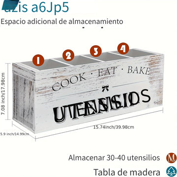 Porta utensilios de cocina de madera extra grande - Organizador de 4 compartimentos de decoración de granja rústica para encimera, cesta de madera barnizada ligera con diseño de montaje de tensión