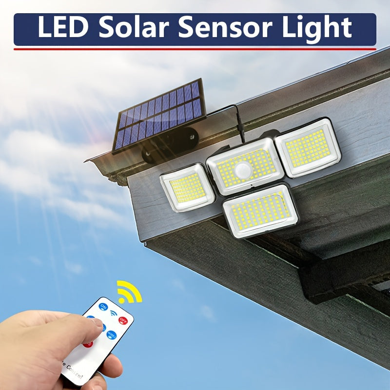 Luz Solar con Sensor de Movimiento y Control Remoto - 288 LED, Farola de Seguridad de 4 Cabezas, Ángulo Amplio de 300°, 3 Modos para Jardín, Patio, Camino, Garaje y Calle - Incluye Cable de 5.03 metros, Luces Solares de Movimiento para Exteriores