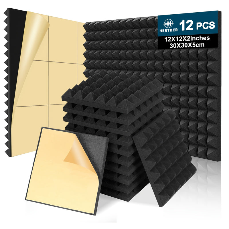 Paneles de Absorción de Sonido Autoadhesivos Negros de Alta Densidad Ignífugos de 12 Piezas 30*30*5 cm Adecuados para Salas de Mezcla, Estudios de Grabación de Vídeo, Estudios Vocales, Salas de Transmisión en Vivo, Cines, Paneles Acústicos, Tableros de E