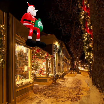 Papá Noel inflable en el techo con bolsa verde decoración de jardín, tema de vacaciones de Navidad, material de poliuretano, con luces LED, para montaje en techo, alimentado por enchufe de 120V EE. UU.