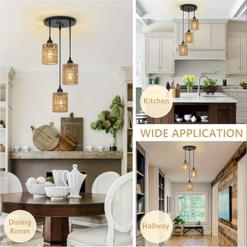 Candelabro de 3 luces estilo bohemio - Sombrilla de ratán tejida a mano, base E27, perfecto para comedor de granja, isla de cocina, sala de estar y decoración de dormitorio (luz no incluida) - Montaje semienterrado, montaje regular