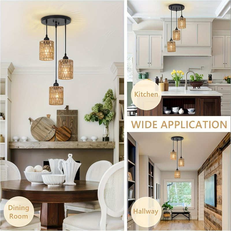 Candelabro de 3 luces estilo bohemio - Sombrilla de ratán tejida a mano, base E27, perfecto para comedor de granja, isla de cocina, sala de estar y decoración de dormitorio (luz no incluida) - Montaje semienterrado, montaje regular