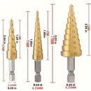 Juego de brocas escalonadas HSS con recubrimiento de titanio en varios tamaños, ideales para perforación precisa en madera y metal, eficientes y versátiles