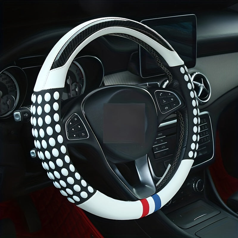 Funda de Volante de Cuero PU con Anillo Interior - Diseño de Agarre con Puntos Rojos y Negros, Protección Cómoda y Elegante para Todas las Estaciones, Compatible con la Mayoría de los Coches (161-252mm)