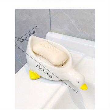 1pc Jabonera con Forma de Pato y Bandeja Ovalada Autodrenante - Accesorio para Baño Blanco y Amarillo, Plástico Duradero para Secado Rápido del Jabón y Soporte para Barras, Organizador Decorativo de Baño, Diseño Divertido | Diseño Efectivo de Drenaje