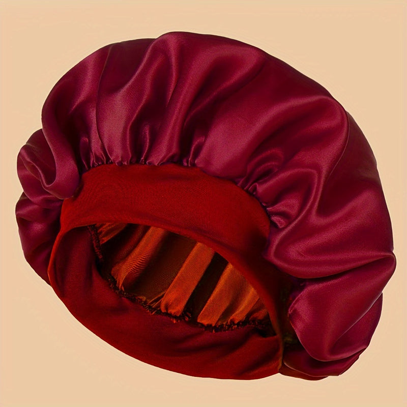 Gorro de satén de lujo para dormir, ala ancha, sin aroma, gorro de baño con banda elástica, material de poliéster cómodo, uso diario - Rojo intenso