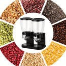 Dispensador de granos de 2 litros con dos tazas, contenedor de almacenamiento de alimentos secos con soporte de dos cabezas para caramelos, nueces, arroz, avena, granos, etc., material PET, forma redonda, tapa giratoria, solo lavado a mano, uso múltiple