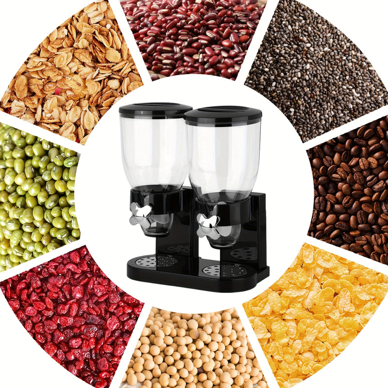 Dispensador de granos de 2 litros con dos tazas, contenedor de almacenamiento de alimentos secos con soporte de dos cabezas para caramelos, nueces, arroz, avena, granos, etc., material PET, forma redonda, tapa giratoria, solo lavado a mano, uso múltiple