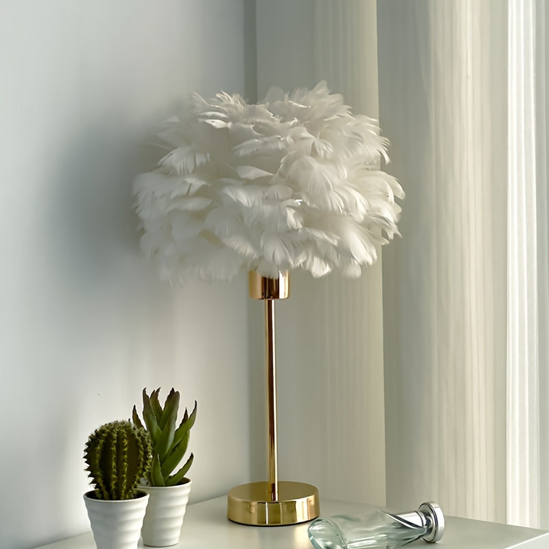 1pc Lámpara de Plumas Artificiales Blancas, Elegante y Dorada con Pantalla Tejida en Tela, Cuerpo de Hierro Alimentación USB Baja Voltaje, Compatible con Bombilla E26 DC5V, Decoración Romántica para Salón, Pasillo o Habitación, Ideal para Hoteles, Cafés