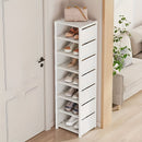 Organizador de zapatos blanco de varios niveles, diseño vertical ahorrador de espacio, compartimientos abiertos, fácil de armar, ideal para entrada, sala, habitación o cocina, estante blanco moderno, barras de soporte metálicas, práctico y funcional