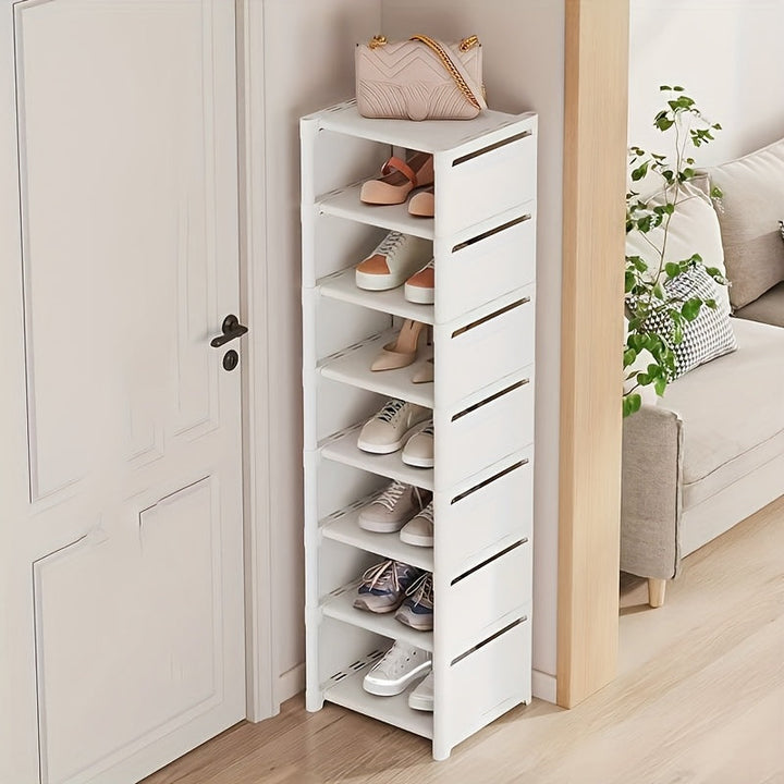 Organizador de zapatos blanco de varios niveles, diseño vertical ahorrador de espacio, compartimientos abiertos, fácil de armar, ideal para entrada, sala, habitación o cocina, estante blanco moderno, barras de soporte metálicas, práctico y funcional