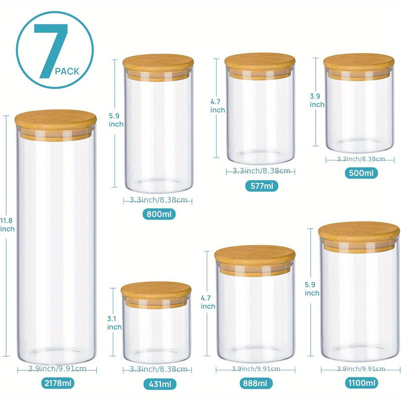 Tarros de Vidrio para Almacenamiento de Comida, Set de 7 Contenedores con Tapas Herméticas de Madera y Bambú para Pasta, Galletas, Frutos Secos, Granos de Café, Cereales, Tarros de Vidrio para Cocina, Organización del Despensa, Libre de BPA