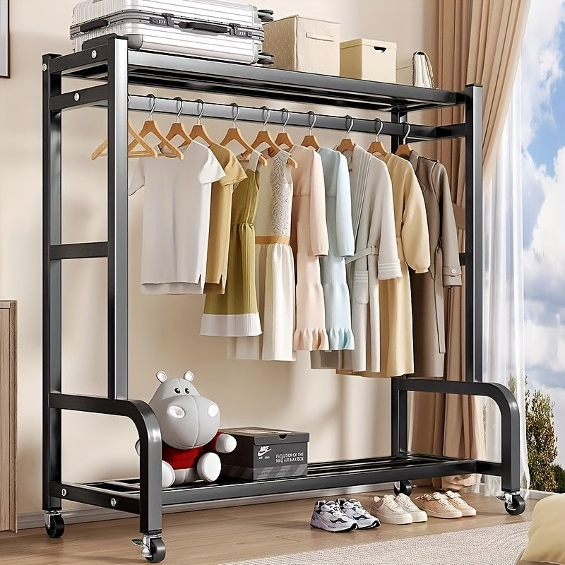 Perchero de Metal de Doble Barra con Cesta de Almacenamiento, Estantes y Ganchos - Organizador Portátil de Ropa, Fácil Montaje, Altura Ajustable, Diseño Ahorrador de Espacio para Dormitorio, Armario, Sala, Secado de Ropa