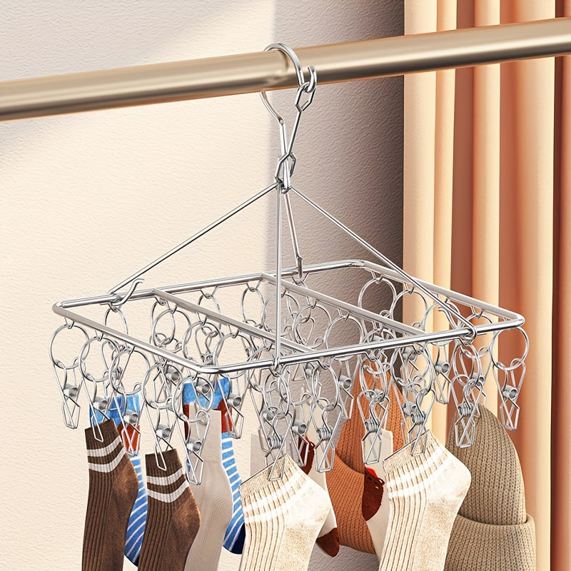 1pc Estante de Secado de Calcetines de Acero Inoxidable con Múltiples Clips - Gancho Giratorio a Prueba de Viento, Perfecto para Calcetines, Sujetadores y Ropa Interior - Accesorio Esencial para la Lavandería