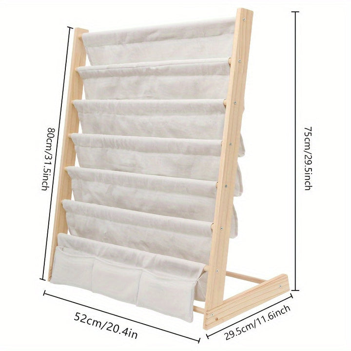 1pc Estante de Madera Clásico Multinivel con Almacenamiento en Tela - Organizador Versátil para Libros, Revistas y Archivos | Ideal para Estudio, Dormitorio o Oficina | Sin Necesidad de Energía