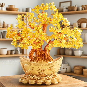 Árbol de Cristal de Oro - Decoración de la Fortuna del Feng Shui, Planta de Interior/Exterior, Ornamento de Escritorio, Estilo Bonsái de Cristal Natural, Decoración de Oficina | Árbol de Cristal de Oro | Artesanía de Cristal, Decoración de Cristal
