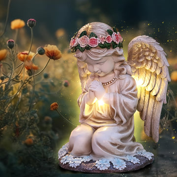 Estatuilla de ángel de resina con energía solar, figura coleccionable de temática cartoon, decoración versátil para interior y exterior, con batería incorporada, ideal para Navidad, Halloween, San Valentín y Día de la Madre