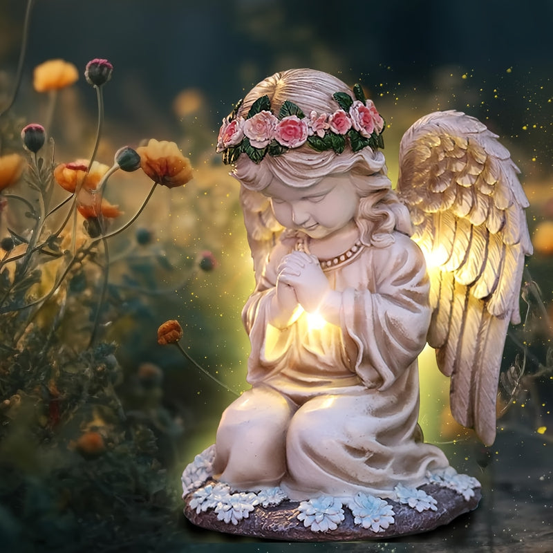 Estatuilla de ángel de resina con energía solar, figura coleccionable de temática cartoon, decoración versátil para interior y exterior, con batería incorporada, ideal para Navidad, Halloween, San Valentín y Día de la Madre
