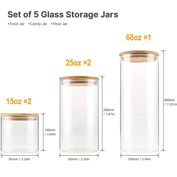 Juego de 5 frascos de vidrio herméticos con tapas de bambú, lavables a mano, recipientes redondos reutilizables para cocina, envases multipropósito con tapa flip top para dulces, galletas, arroz, azúcar, pasta, nueces y especias