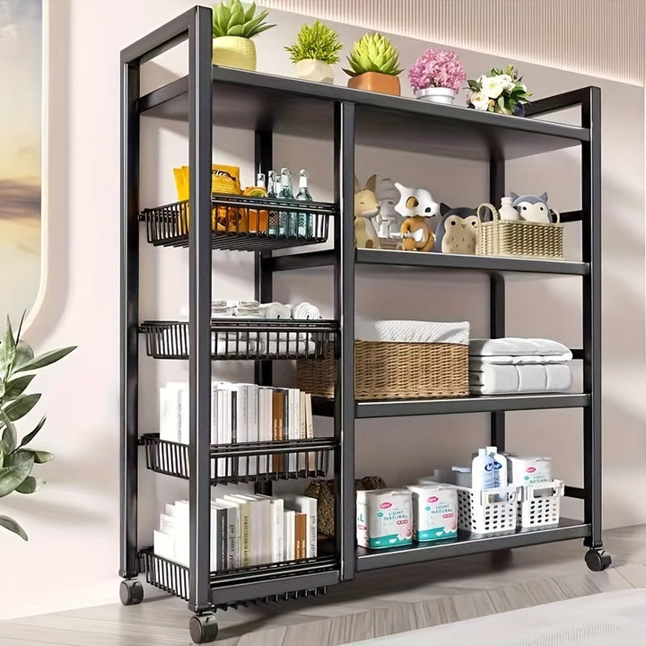 Carrito de almacenamiento industrial de metal con ruedas, organizador rodante de estantes abiertos de 4 niveles con cestas colgantes, unidad de estantería móvil multiusos para la organización de la cocina, la oficina y el hogar.
